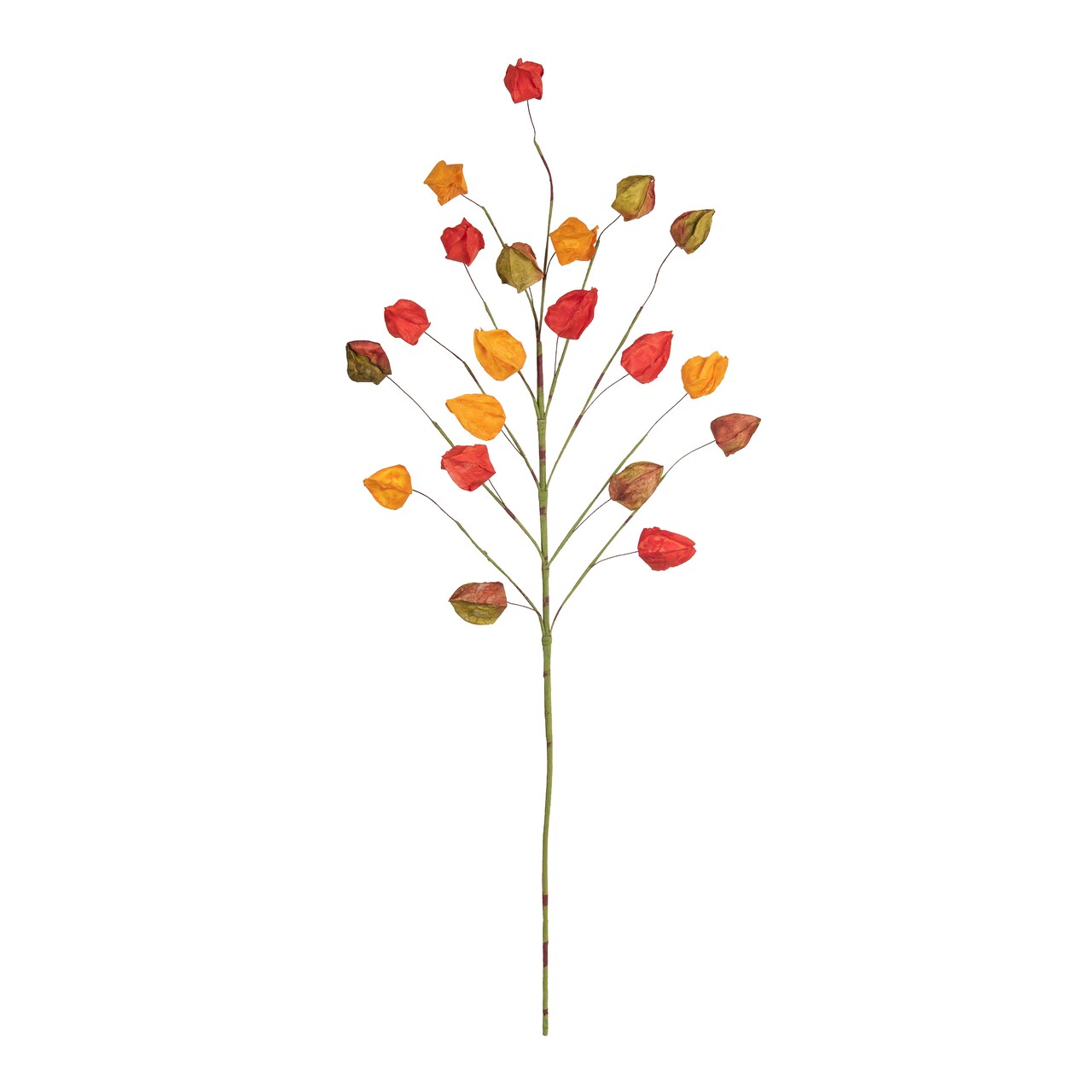 30" Artificial Floral Pick Chinese Lantern Stem Pick Featuring Yellow Red and Green Leaves
